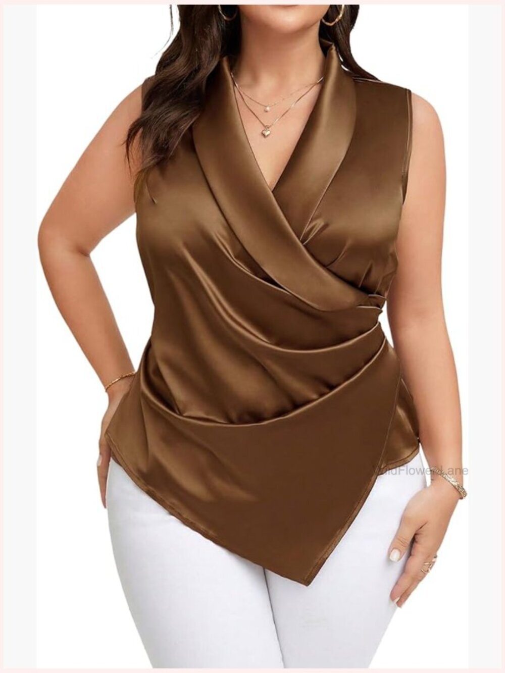 Plus Size Satin Wrap V Neck Sleeveless Blouse Asymmetrical Hem Tank